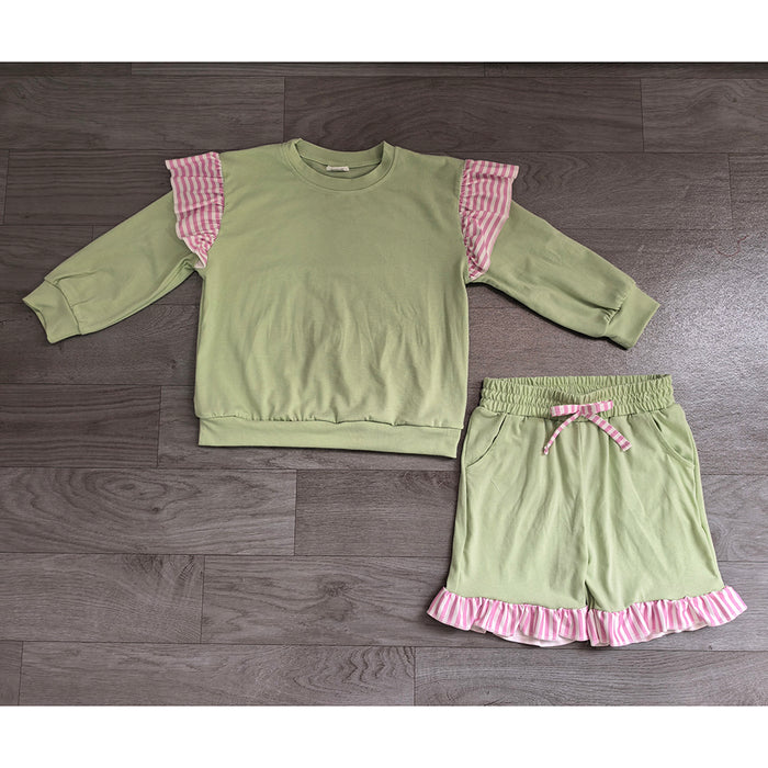 8.14 GLS0220 Preorder Kids Girls Light Green Flutter Sleeve Top with Ruffle Shorts Outfit