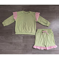 8.14 GLS0220 Preorder Kids Girls Light Green Flutter Sleeve Top with Ruffle Shorts Outfit