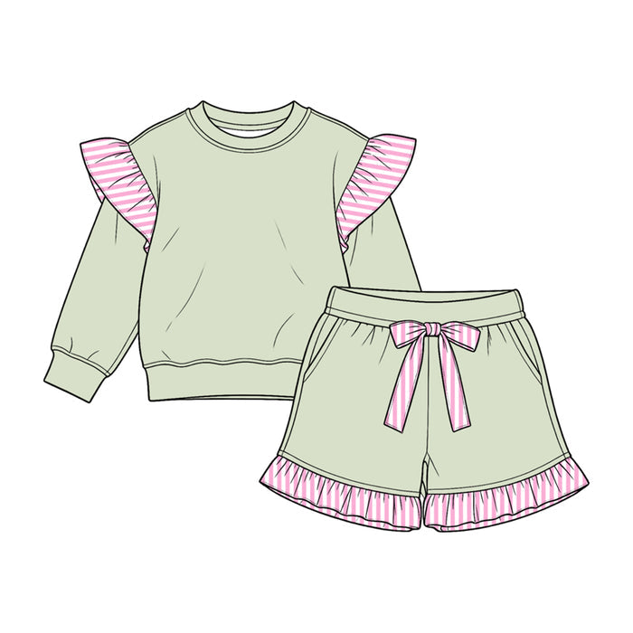 8.14 GLS0220 Preorder Kids Girls Light Green Flutter Sleeve Top with Ruffle Shorts Outfit