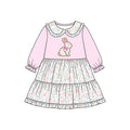 8.15 GLD1759 Preorder Bunny Flowers Pink Print Girls Easter Knee Length Dress