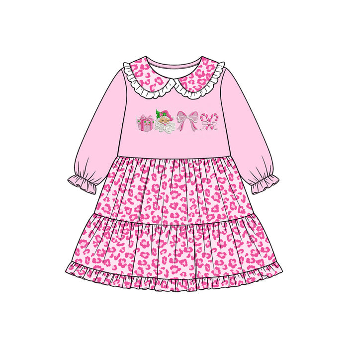 8.15 GLD1760 Preorder Santa Bows Candy Cane Pink Leopard Print Girls Christmas Knee Length Dress