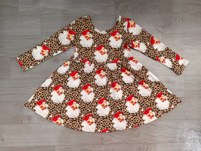 8.15 GLD1761 Preorder Santa Leopard Print Girls Christmas Knee Length Dress
