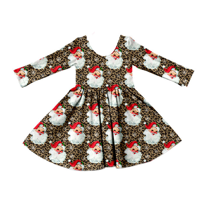 8.15 GLD1761 Preorder Santa Leopard Print Girls Christmas Knee Length Dress