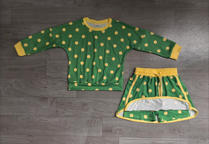 8.15 GLD1764 Preorder KidsGreen Polka Dot Sweatshirt Skirt Set Long Sleeve Top with Skirt Outfit