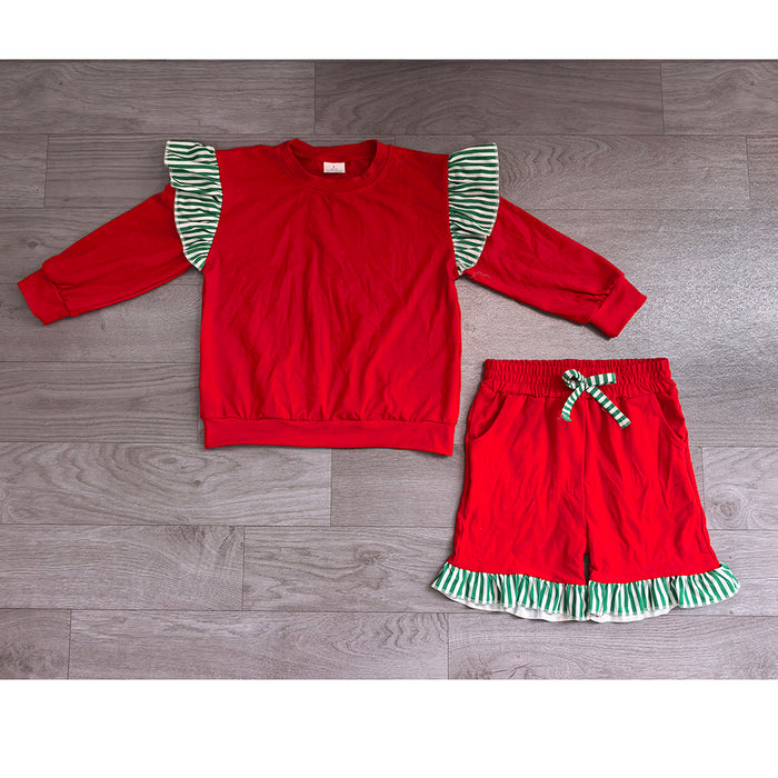 8.15 GLS0217 Preorder Kids Girls Green Flutter Sleeve Top with Ruffle Shorts Red Outfit