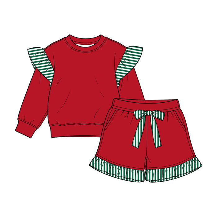 8.15 GLS0217 Preorder Kids Girls Green Flutter Sleeve Top with Ruffle Shorts Red Outfit
