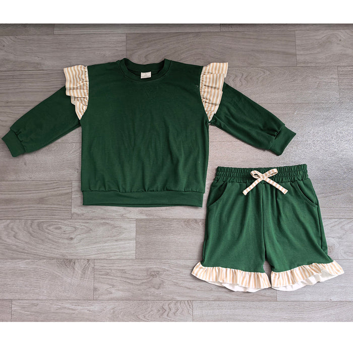 8.15 GLS0218 Preorder Kids Girls Khaki Striped Flutter Sleeve Top with Green Shorts Red Outfit