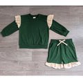 8.15 GLS0218 Preorder Kids Girls Khaki Striped Flutter Sleeve Top with Green Shorts Red Outfit