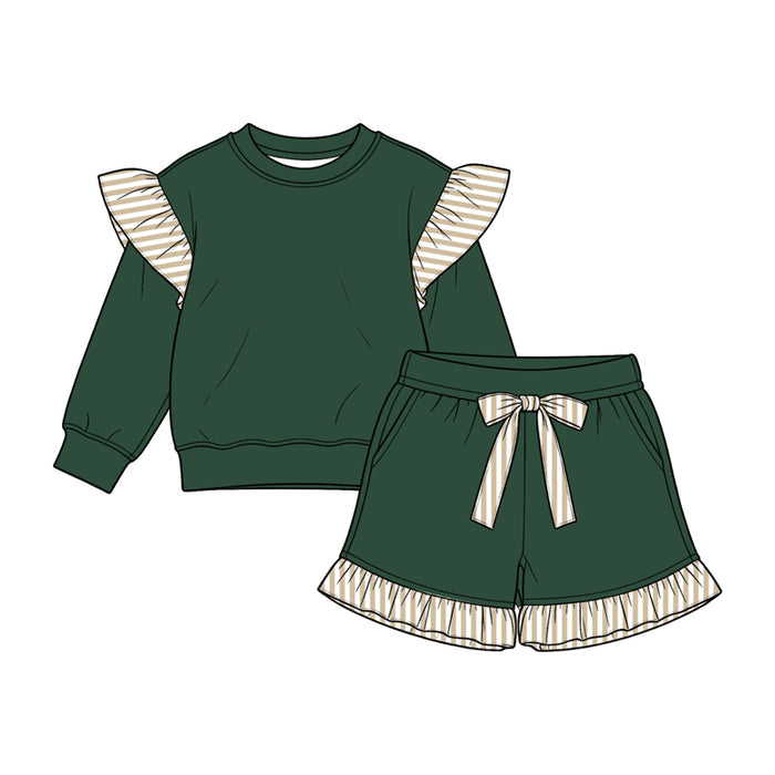 8.15 GLS0218 Preorder Kids Girls Khaki Striped Flutter Sleeve Top with Green Shorts Red Outfit