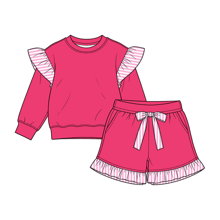 8.15 GLS0221 Preorder Kids Girls Hot Pink Flutter Sleeve Top with Ruffle Shorts Outfit