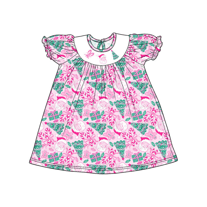 8.15 GSD4306 Preorder Santa Candy Cane Tree Pink Print Girls Christmas Knee Length Dress