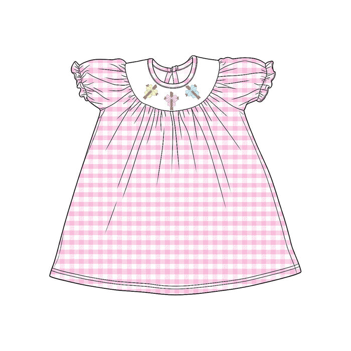 8.15 GSD4307 Preorder Cross Bows Pink Checkered Print Girls Easter Knee Length Dress