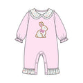 8.15 LR3300 Preorder Bunny Flowers Pink Print Baby Girls Easter Romper