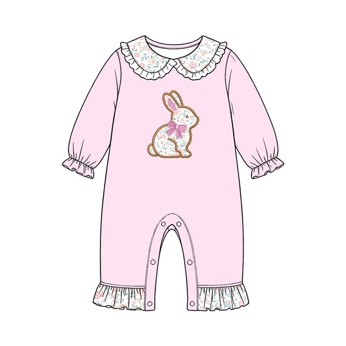 8.15 LR3300 Preorder Bunny Flowers Pink Print Baby Girls Easter Romper