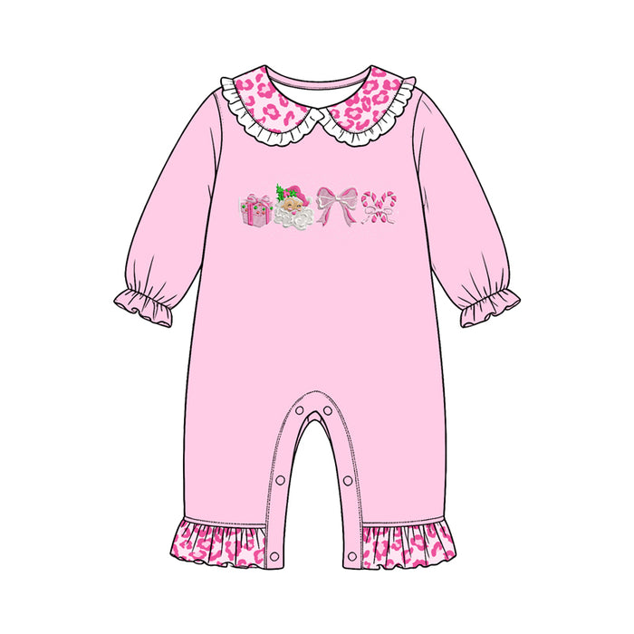 8.15 LR3301 Preorder Santa Bows Candy Cane Pink Leopard Print Baby Girls Christmas Romper