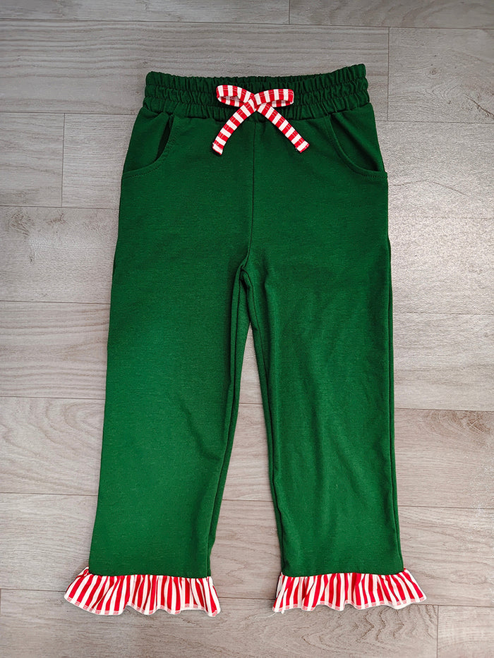 8.15 Preorder Kids Girls Green Girls Wide Leg with Red Stripe Ruffle