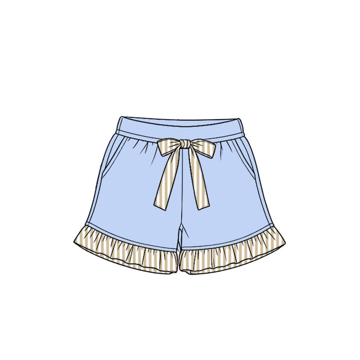 8.15 Preorder Kids Girls Light Blue Shorts with Khaki Stripe Ruffle