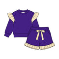 8.15 Preorder Kids Girls Yellow Striped Flutter Sleeve Top with  Shorts Purple Outfit