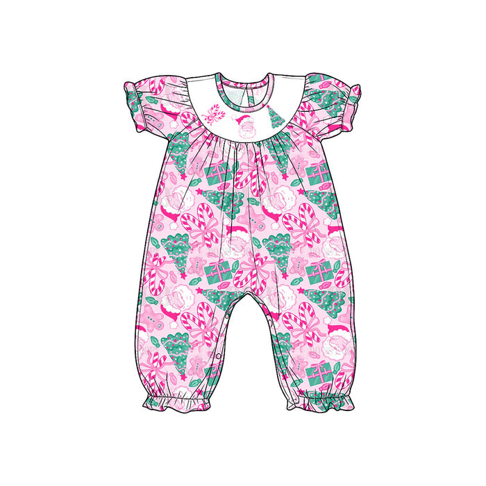 8.15 SR4289 Preorder Santa Candy Cane Tree Pink Print Baby Girls Christmas Romper