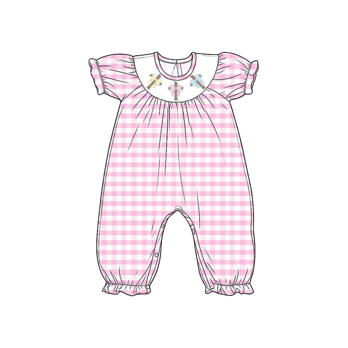 8.15 SR4290 Preorder Cross Bows Pink Checkered Print Baby Girls Easter Romper