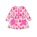 8.19 GLD1771 Preorder Tree Pink Bows Checkered Print Girls Pockets Christmas Knee Length Dress