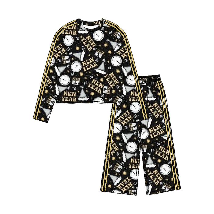 8.19 GLP3722 Preorder Jan 1 Stars Black Print Girls Happy New Year Yoga Clothes Set