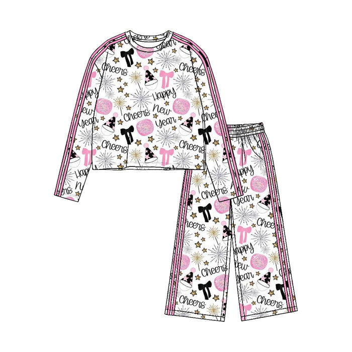 8.19 GLP3724 Preorder Cheers Stars Pink Print Girls Happy New Year Yoga Clothes Set