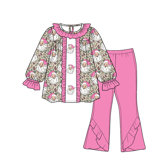 8.19 GLP3733 Preorder Santa Camo Top Pink Bell Pants Girls Christmas Clothes Set