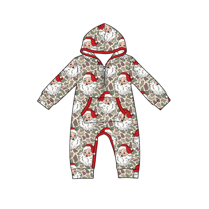 8.19 LR3304 Preorder Santa Camo Print Baby Boys Christmas Zipper Pocket Hoodie Romper