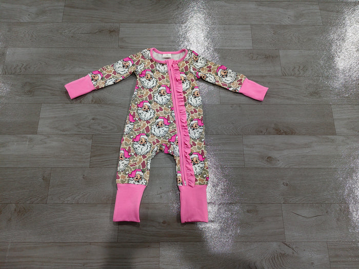 8.19 LR3305 Preorder Santa Camo Print Baby Girls Christmas Zipper Sleeper Romper