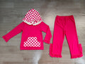8.19 Preorder GLP3709 Girls Hot Pink Ruffle Flare Pants Set Checkerboard Hoodie 2‑Piece Outfit