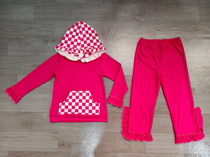 8.19 Preorder GLP3709 Girls Hot Pink Ruffle Flare Pants Set Checkerboard Hoodie 2‑Piece Outfit