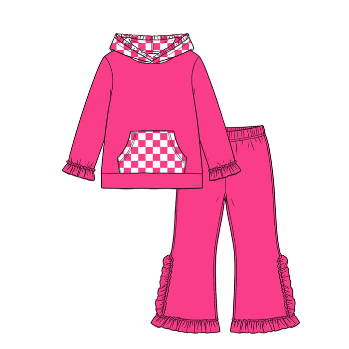 8.19 Preorder GLP3709 Girls Hot Pink Ruffle Flare Pants Set Checkerboard Hoodie 2‑Piece Outfit