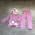 8.19 Preorder GLP3710 Girls Purple Ruffle Flare Pants Set Checkerboard Hoodie 2‑Piece Outfit