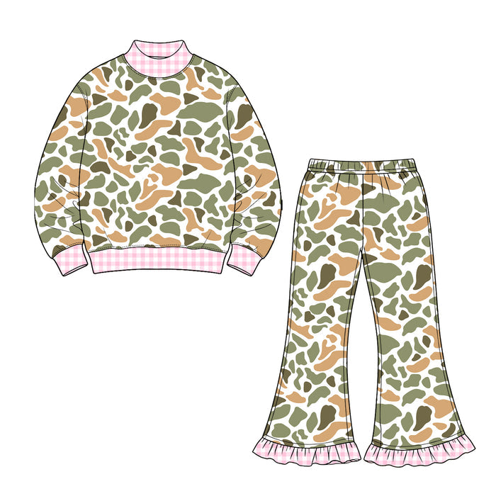 8.20 GLP3740 Preorder Green Orange Camo Top Bell Pants Girls Fall Clothes Set