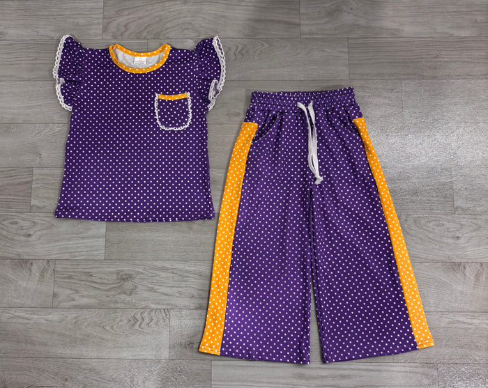 8.20 GSPO2366 Preorder Kids Girls Purple Polka Dot Ruffle Sleeve Top with Wide Leg Pants Outfit