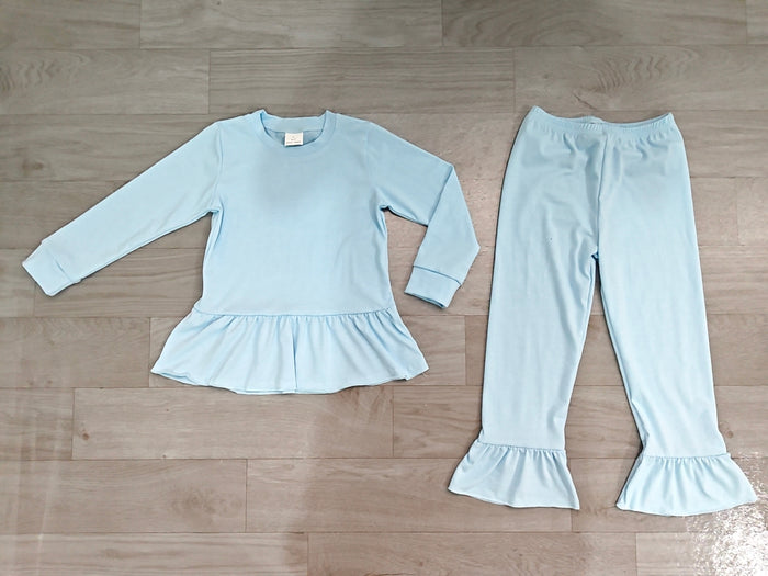 8.21 GLP3748 Preorder Blue Cotton Mocknecks Top Ruffle Pants Girls Clothes Set
