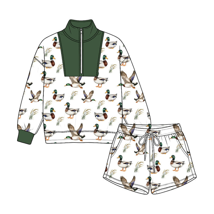 8.22   Preorder Mallard Duck Print Half‑Zip Pullover & Drawstring Shorts Set