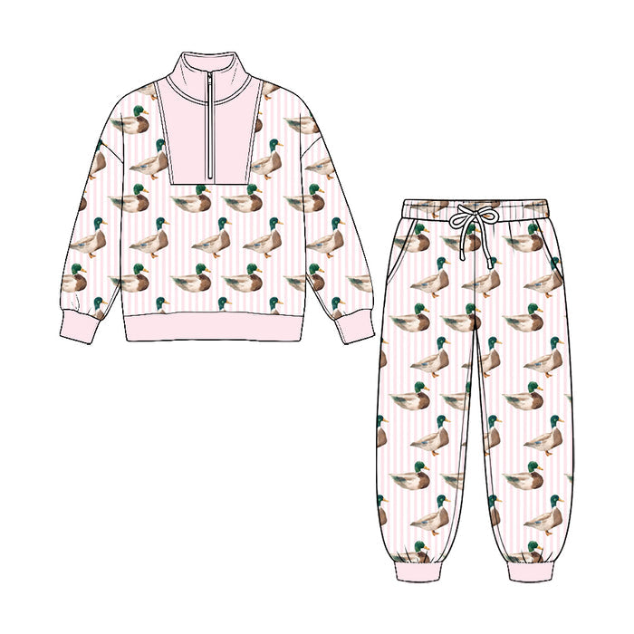 8.25 GLP3756 Preorder Duck Pink Stripes Print Zipper Top Pockets Pants Girls Clothes Set