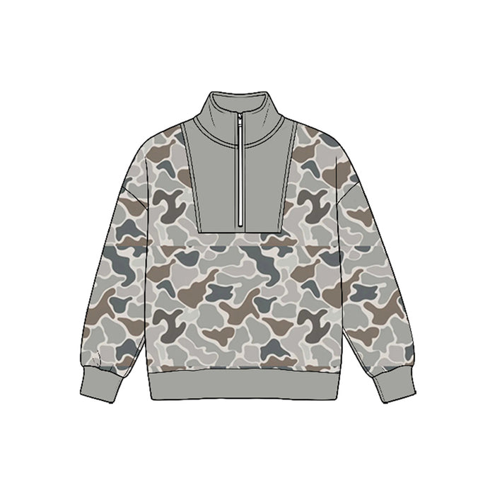 8.25  Preorder  Grey Camo Half‑Zip  Long Sleeve Pullover Top