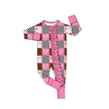 8.26 LR3310 Preorder Santa Pink Bows Checkered Print Baby Girls Christmas Zipper Sleeper Romper