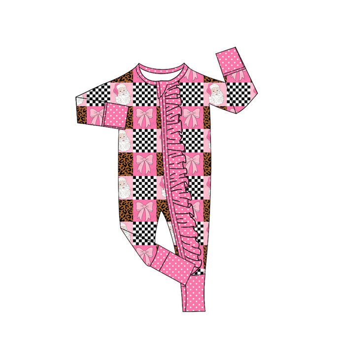 8.26 LR3310 Preorder Santa Pink Bows Checkered Print Baby Girls Christmas Zipper Sleeper Romper