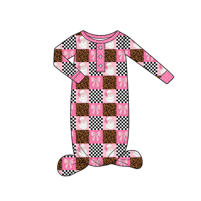 8.26 NB0055 Preorder Santa Pink Bows Checkered Print Baby Girls Christmas Newborn Gown