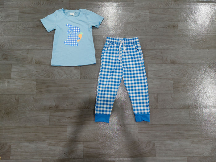8.27 BSPO0705 Preorder Bunny Carrot Blue Top Checkered Pockets Pants Boys Easter Clothes Set