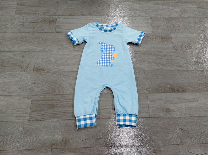 8.27 SR4297 Preorder Bunny Carrot Blue Checkered Print Baby Boys Easter Romper