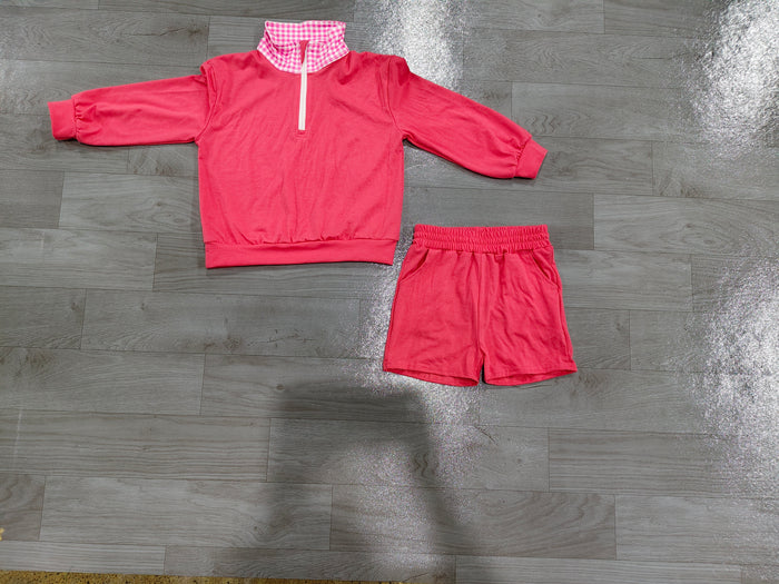 8.28 GLS0225 Preorder Hot Pink Color Half‑Zip Pullover Top Pockets Shorts Girls Clothes Set