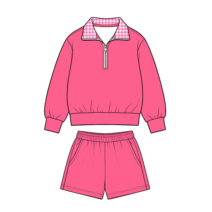 8.28 GLS0225 Preorder Hot Pink Color Half‑Zip Pullover Top Pockets Shorts Girls Clothes Set