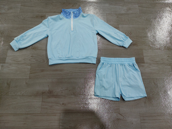 8.28 GLS0226 Preorder Blue Color Half‑Zip Pullover Top Pockets Shorts Girls Clothes Set