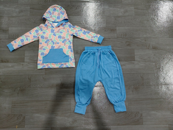 8.28 Preorder Toddler Boys Blue Camo Pocket Hoodie Top with Jogger Set
