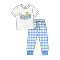 8.28 Preorder Toddler Boys Puppy Dog Fishing Blue Gingham Pants Outfit